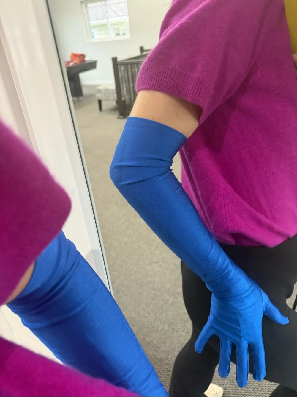 Women's Long Royal Blue Satin Look Gloves